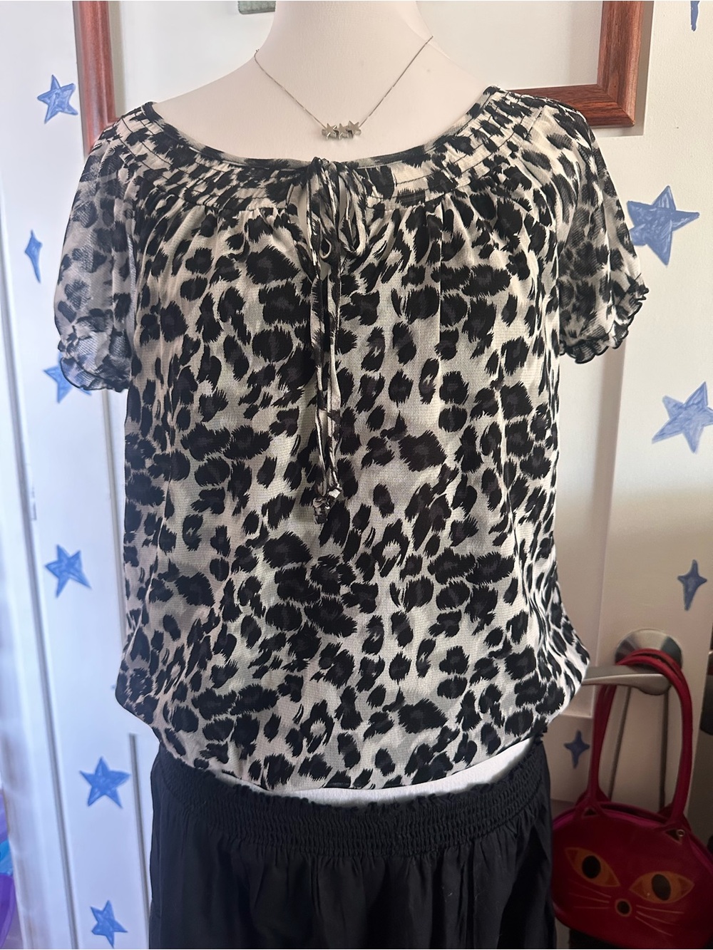 INC International Concepts Black and White Leopard-Print Short Sleeve Blouse